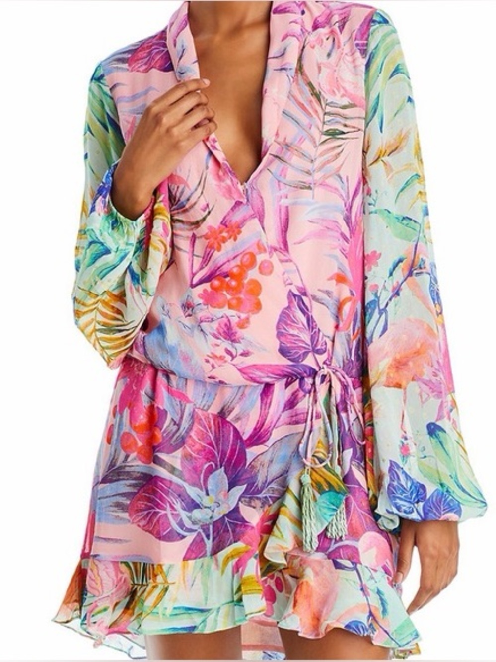 New Rococo Sand Pink Floral Print Dress Zazu Tie Wrap Long Sleeve Medium Cute